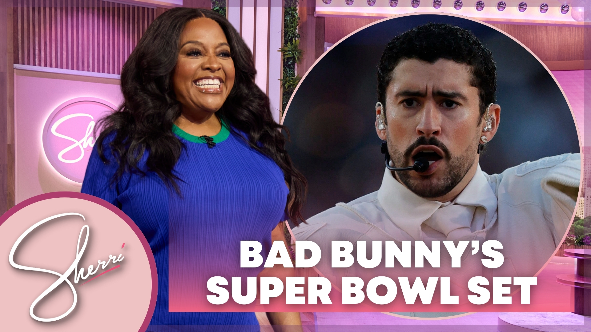 Sherri in blue dress and Bad Bunny