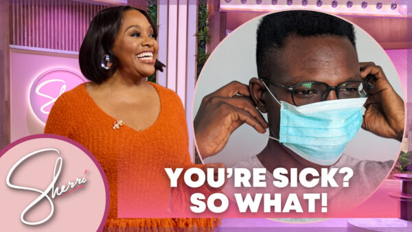 Photo of Sherri in orange dress doing stand-up with inset photo of man in surgical mask