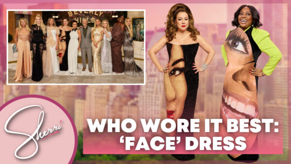 Cutouts of Sherri and Jennifer Tilly in similar dresses. INSET - the cast of RHOBH