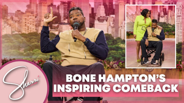 Bone Hampton in wheelchair performing comedy. INSET - Sherri and Bone in emotional moment