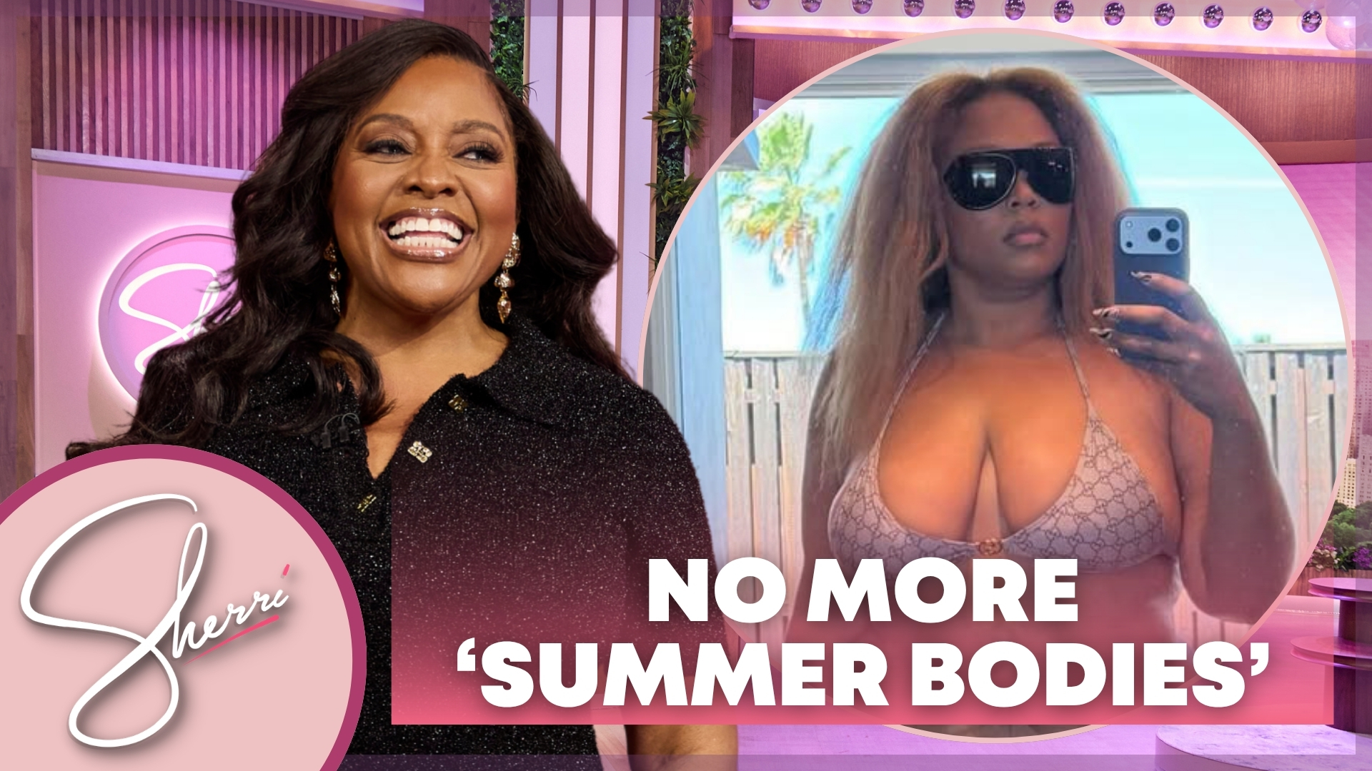 Sherri in black dress and Lizzo in bathing suit